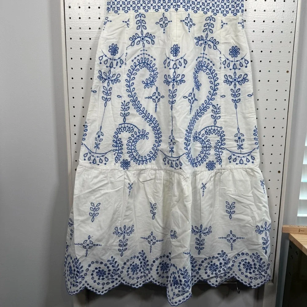 Tory Burch Floral Mariana Dress Womens Blue‎ White Embroidered Scallop Hem - 4